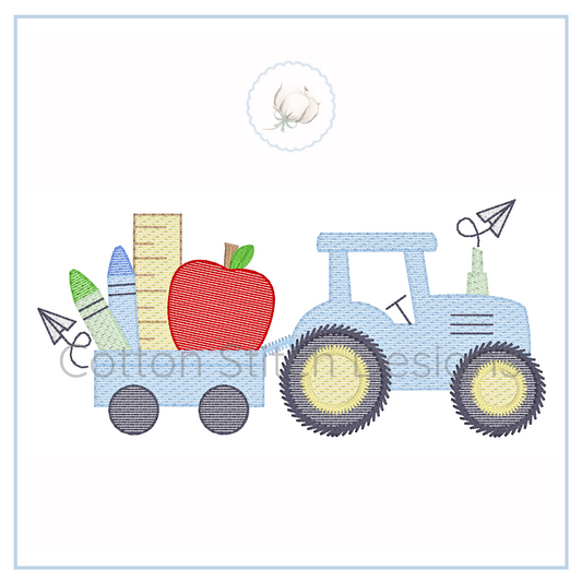 Machine Embroidery design Cotton Stitch Designs Embroidered design of a blue tractor with an apple and books on a white background