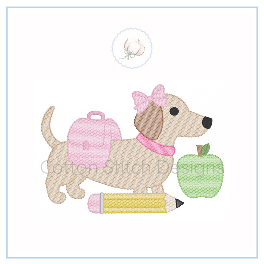 Machine Embroidery design Cotton Stitch Designs Embroidered design of a dog with a backpack, apple, and pencil on a white background.