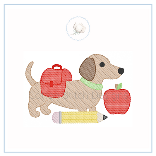 Machine Embroidery design Cotton Stitch Designs Embroidered design of a dog with a backpack, apple, and pencil on a white background