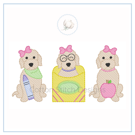 Machine Embroidery design Cotton Stitch Designs Three cartoon dogs with accessories on a white background