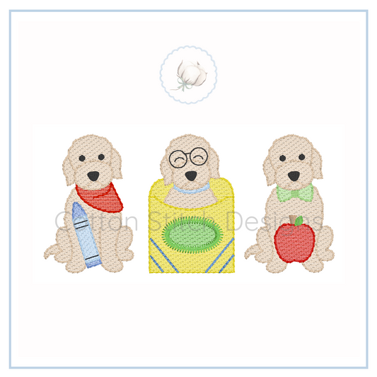 Machine Embroidery design Cotton Stitch Designs Three embroidered dog designs with accessories on a white background