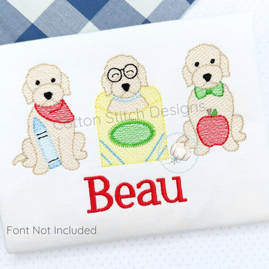 Machine Embroidery design Cotton Stitch Designs Embroidered design of three dogs with accessories on a white background, featuring the name 'Beau'.