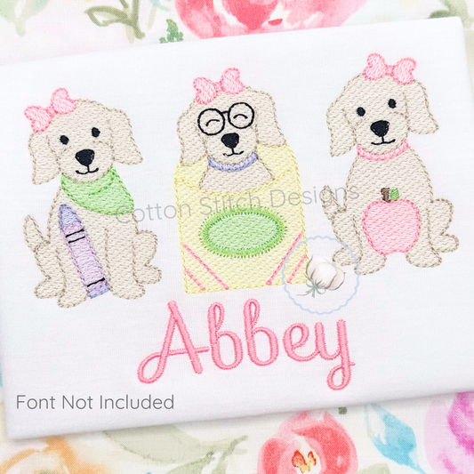 Machine Embroidery design Cotton Stitch Designs Embroidered design of three dogs with the name 'Abbey' on a floral background