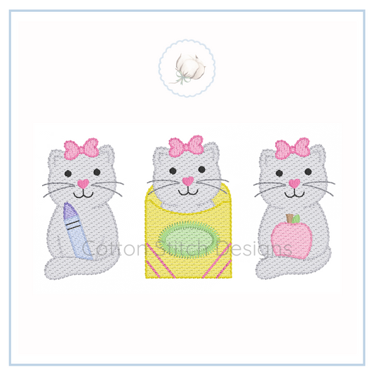Machine Embroidery design Cotton Stitch Designs Three embroidered cats with pink bows on a white background