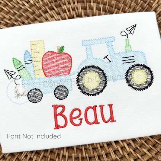Machine Embroidery design Cotton Stitch Designs Embroidered design of a blue tractor with educational items and the name 'Beau' on a white background.