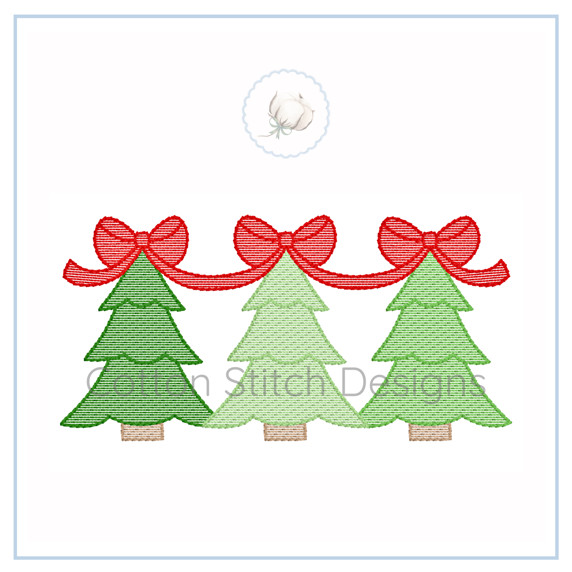 Machine Embroidery design Cotton Stitch Designs Three green Christmas trees with red bows on a white background