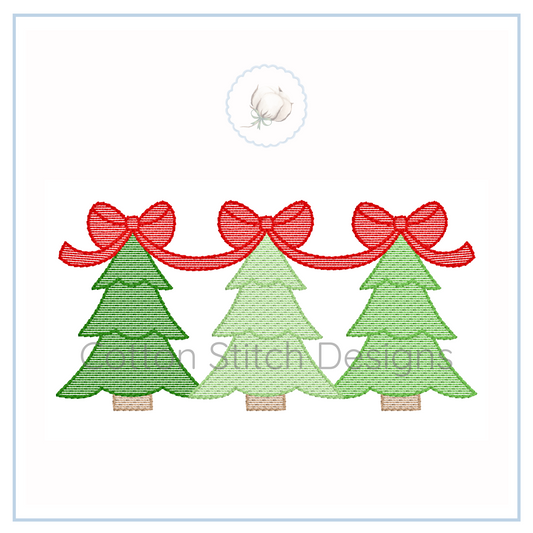 Machine Embroidery design Cotton Stitch Designs Three green Christmas trees with red bows on a white background