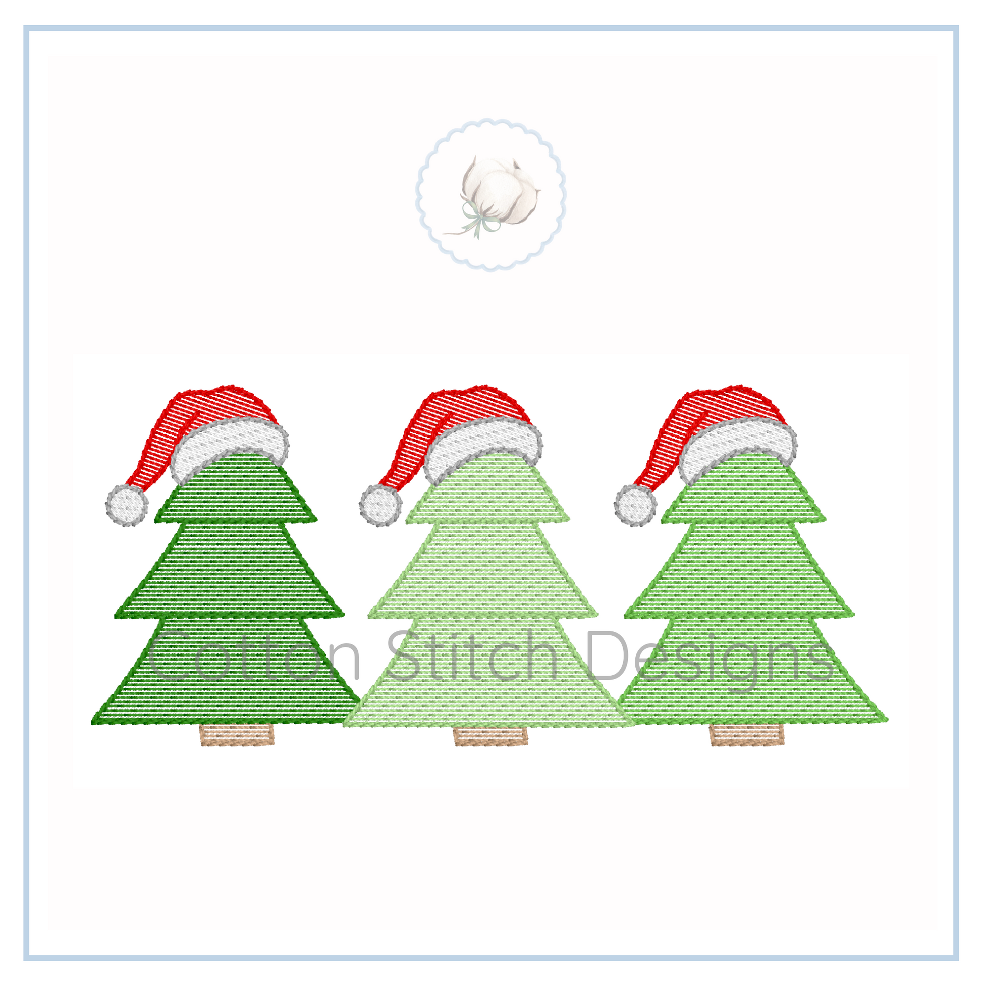 Machine Embroidery design Cotton Stitch Designs Three green Christmas trees with red Santa hats on a white background.