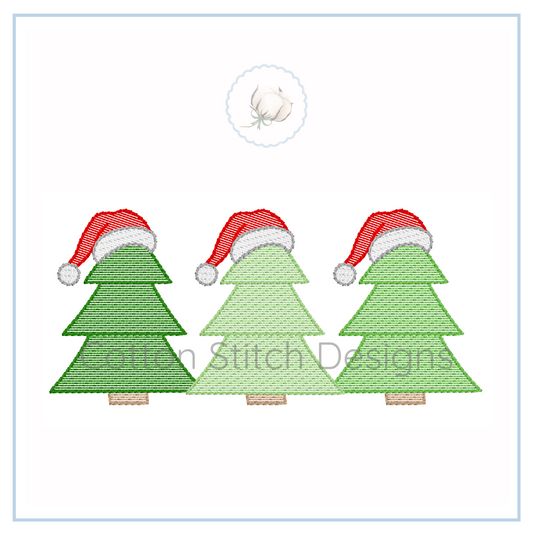 Machine Embroidery design Cotton Stitch Designs Three green Christmas trees with red Santa hats on a white background.