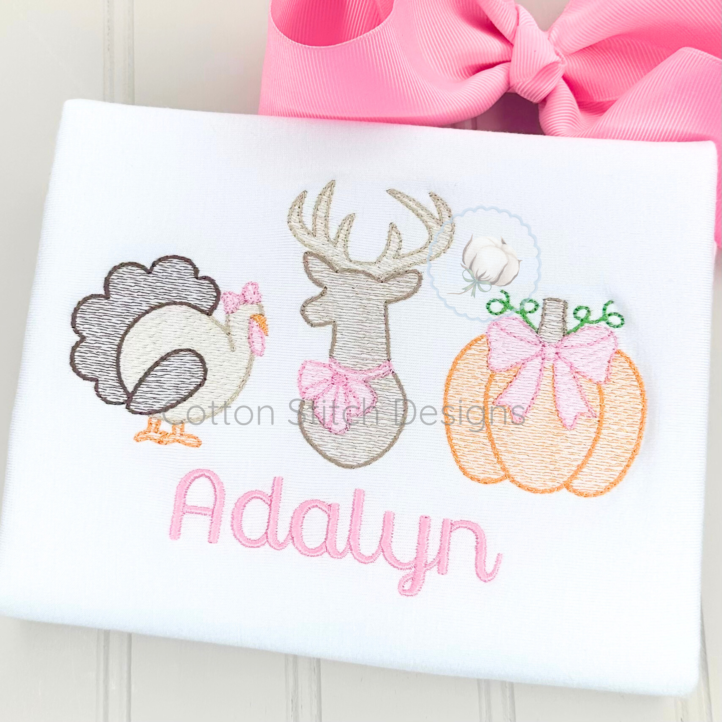 Machine Embroidery design Cotton Stitch Designs Embroidered design with turkey, deer, and pumpkin.
