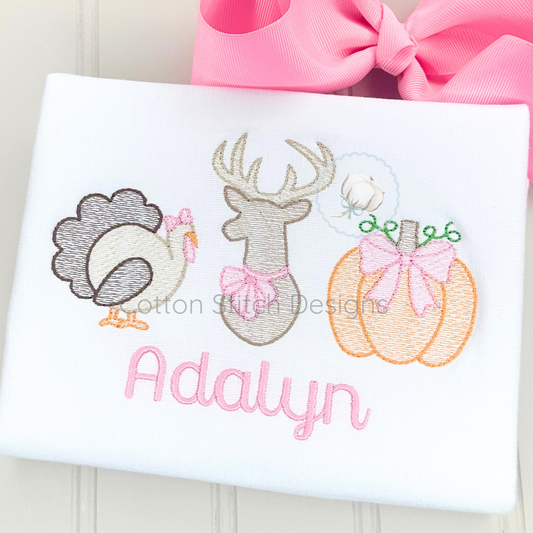 Machine Embroidery design Cotton Stitch Designs Embroidered design with turkey, deer, and pumpkin.