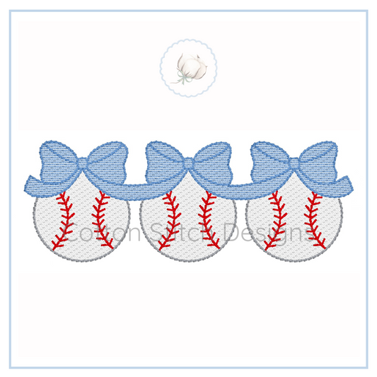 Machine Embroidery design Cotton Stitch Designs Embroidered design of three baseballs with red stitching on a white background, featuring blue ribbons.
