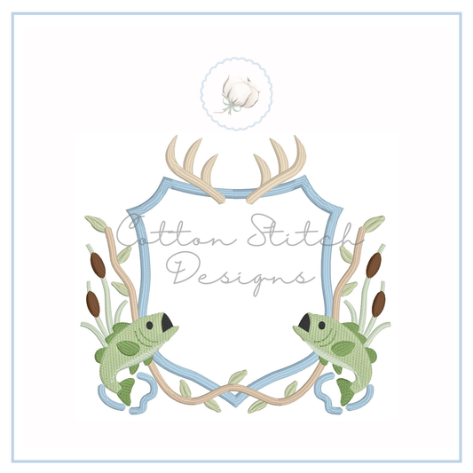 Bass Fish with Deer Antlers Monogram Crest Embroidery Design