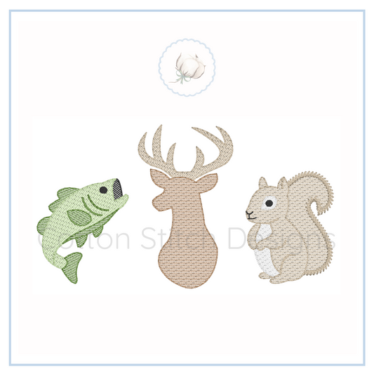 Machine Embroidery design Cotton Stitch Designs Set of embroidered patches featuring a fish, deer, and squirrel on a white background.