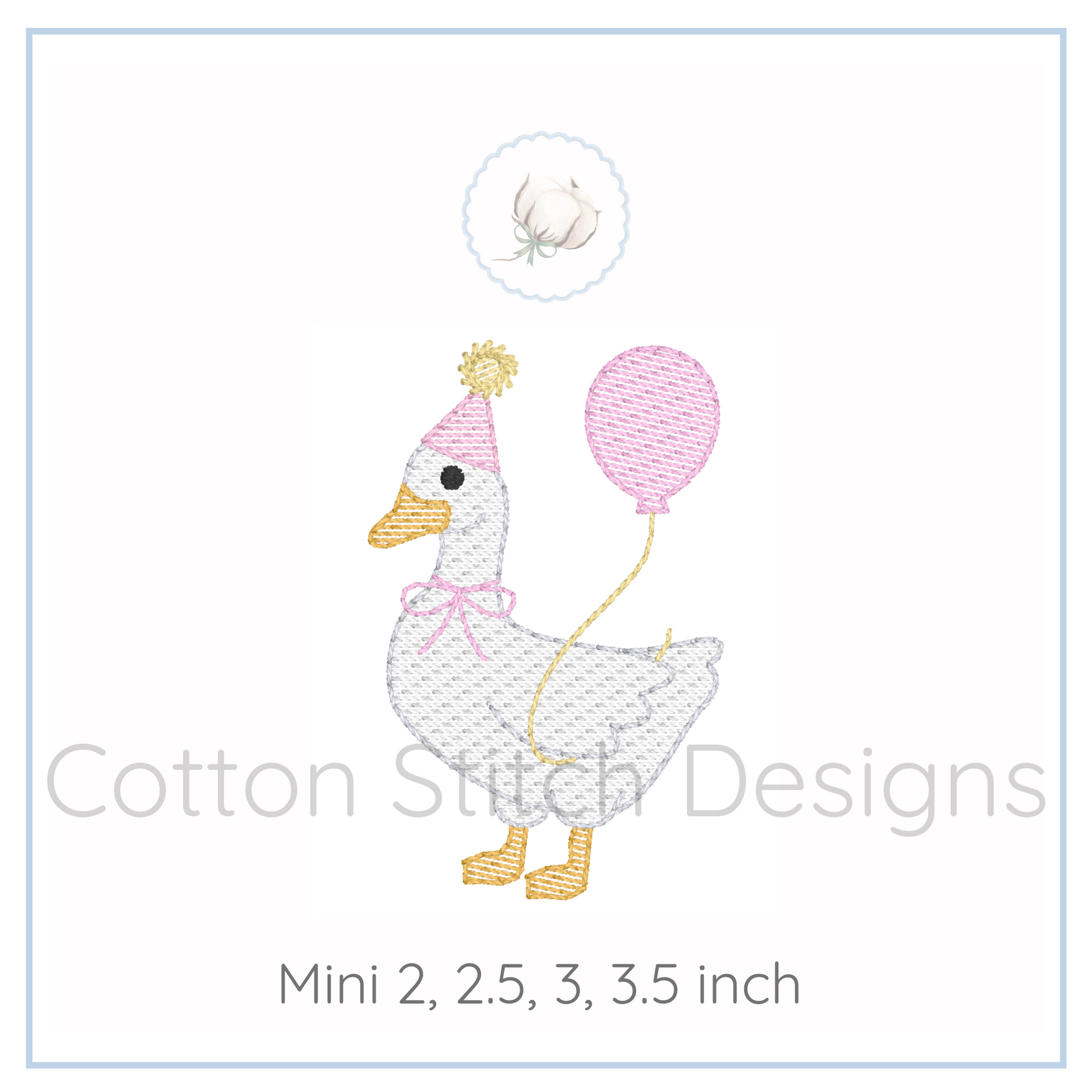 Machine Embroidery design Cotton Stitch Designs Embroidery design of a duck with a balloon and party hat on a white background, branded 'Cotton Stitch Designs'.