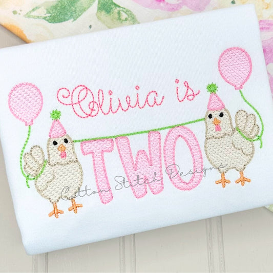 Chickens Holding Two Birthday Embroidery Design