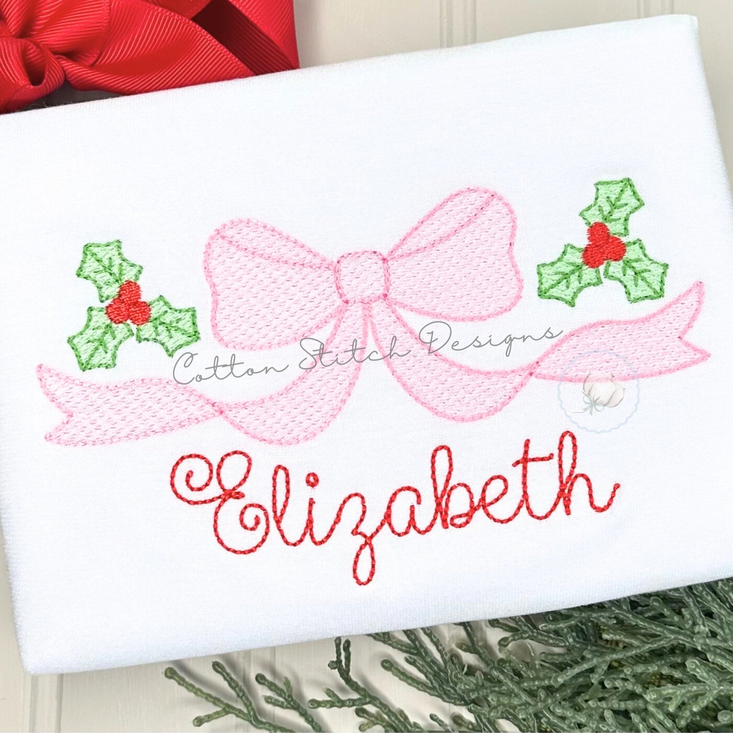 Christmas Holly Bow Sketch Embroidery Design