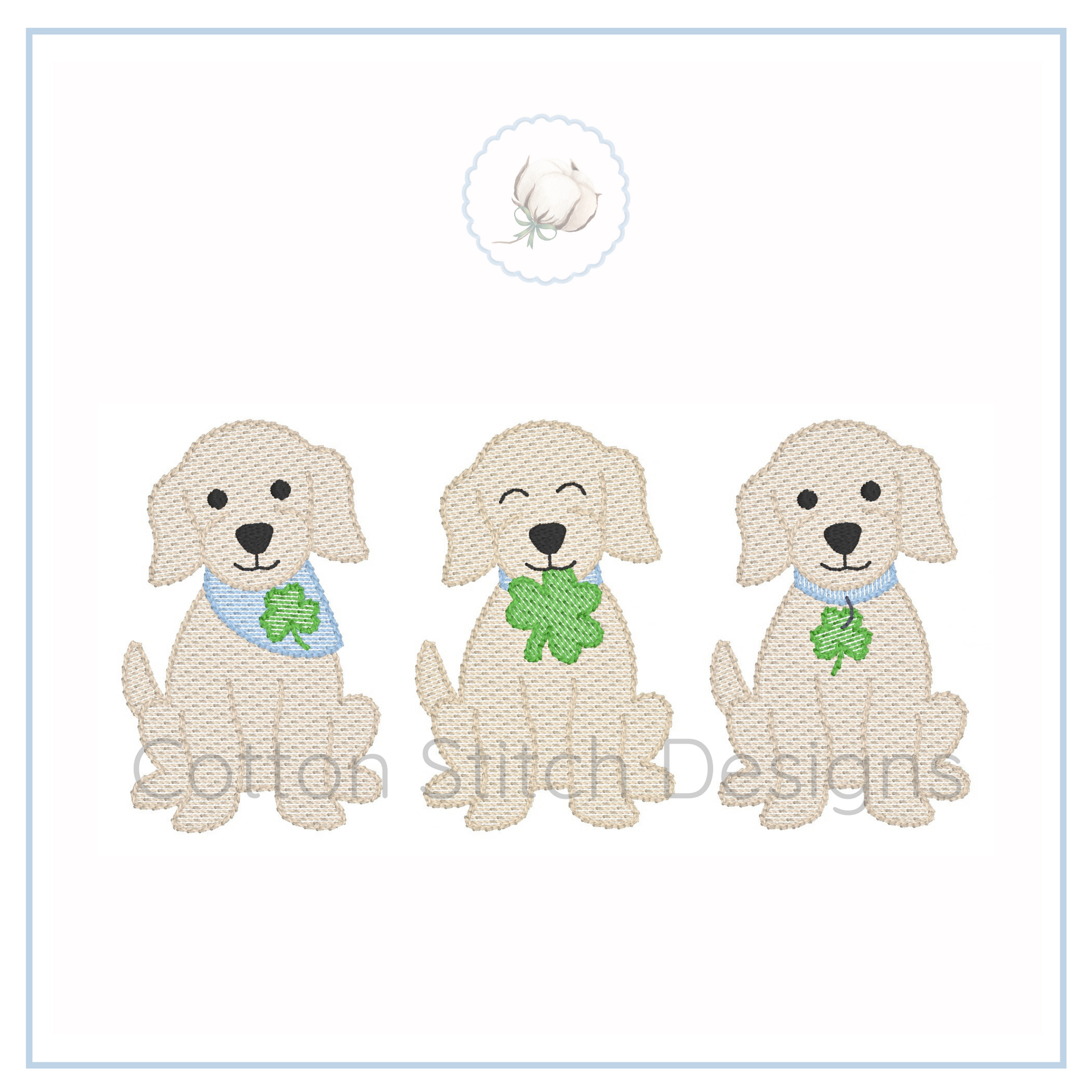 Machine Embroidery design Cotton Stitch Designs Three embroidered dogs with shamrock leaves on a white background, featuring the Cotton Stitch Designs logo.