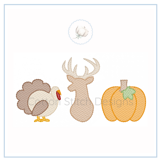 Machine Embroidery design Cotton Stitch Designs Embroidered patch with turkey, deer, and pumpkin on a white background