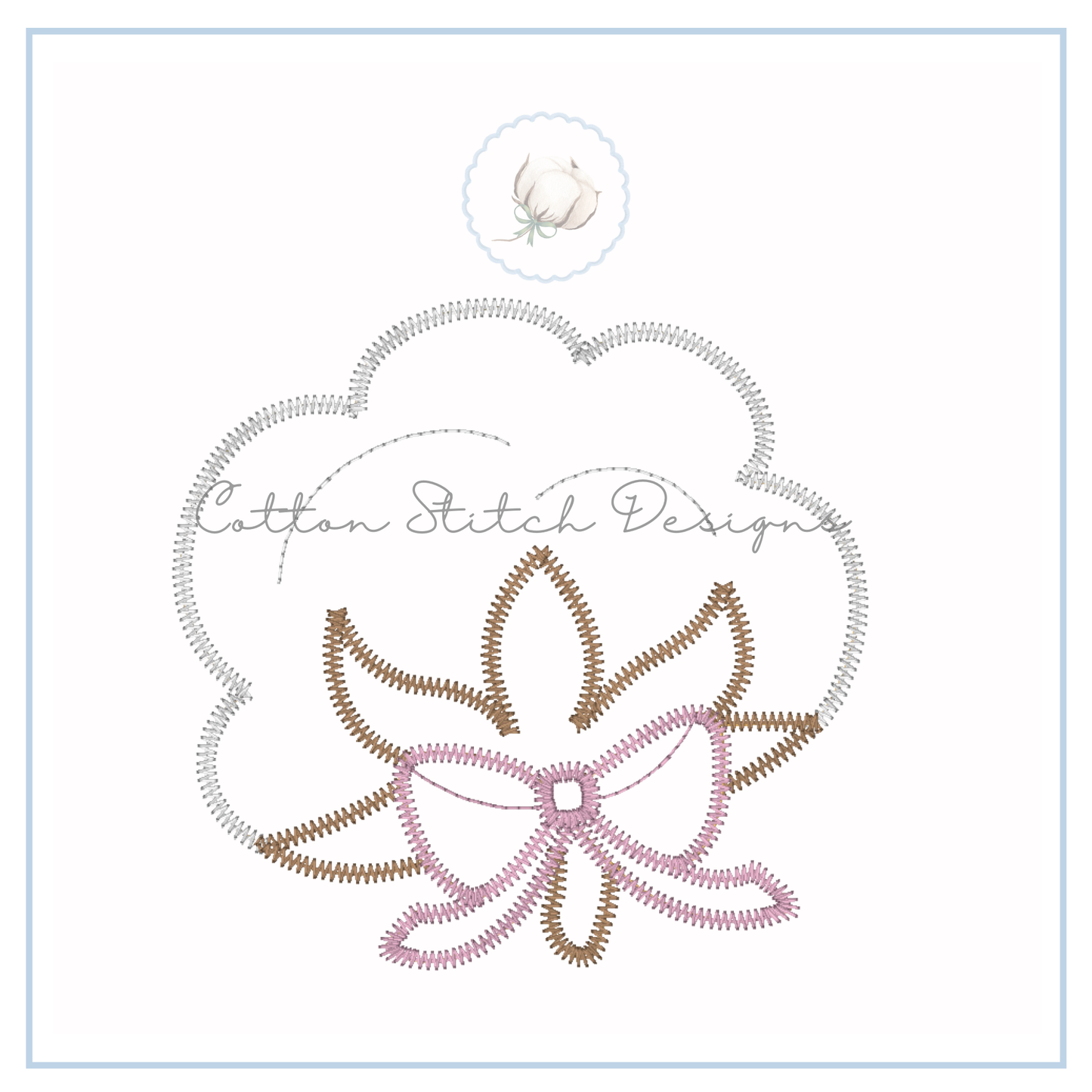 Cotton Boll with Bow Zig Zag Applique Embroidery Design