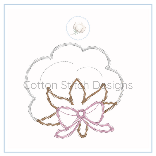 Machine Embroidery design Cotton Stitch Designs Embroidery design of a bow with 'Cotton Stitch Designs' branding.