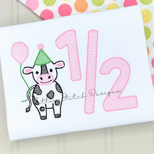 Cow Half Birthday Sketch Embroidery Design