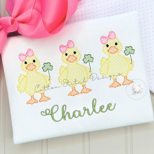 Cute Shamrock Duck Bow Trio Sketch Embroidery Design