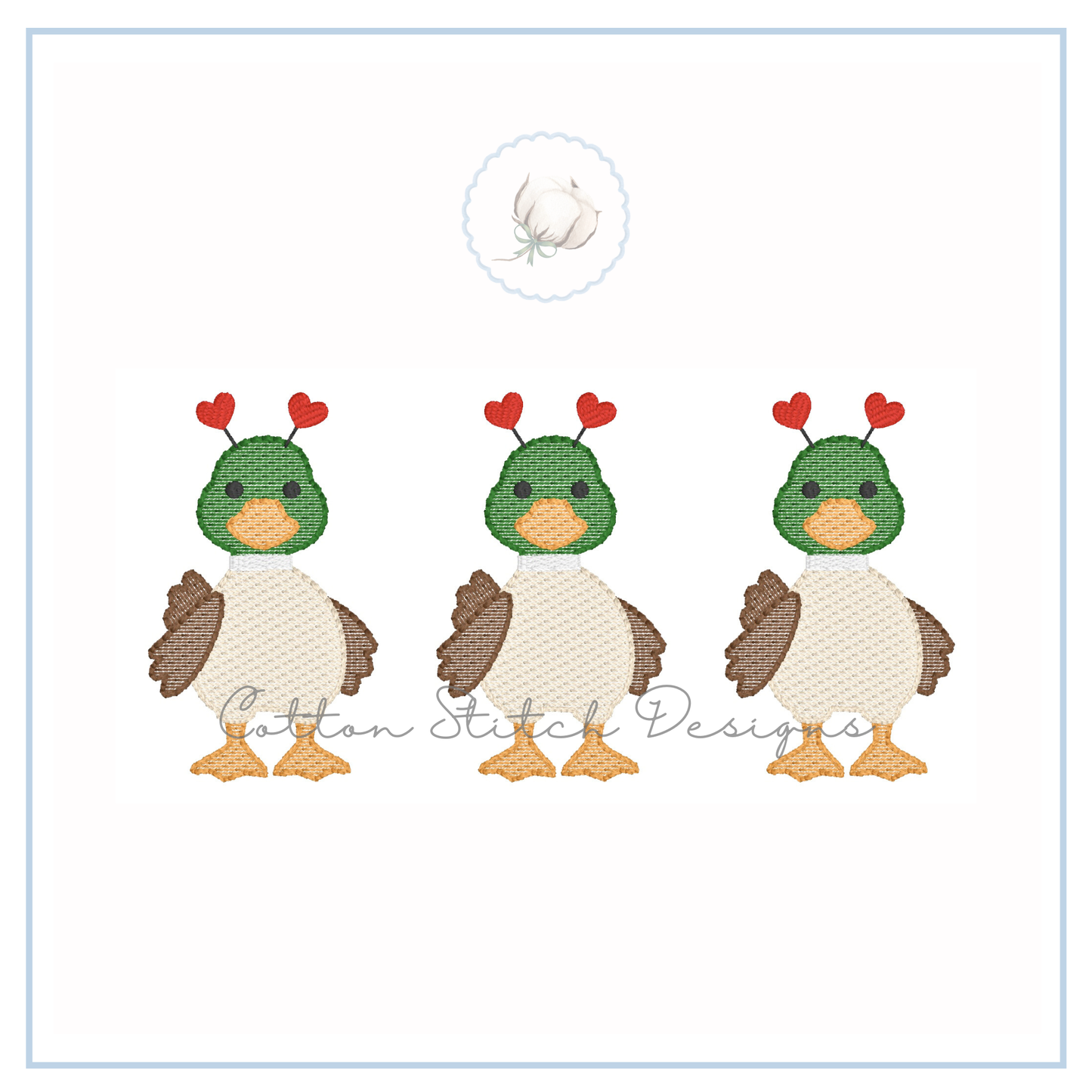 Cute Valentine Mallard Duck Heart Trio Sketch Embroidery Design