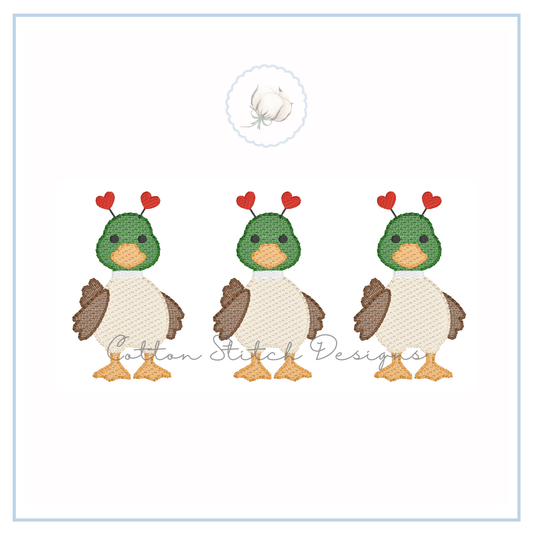 Cute Valentine Mallard Duck Heart Trio Sketch Embroidery Design