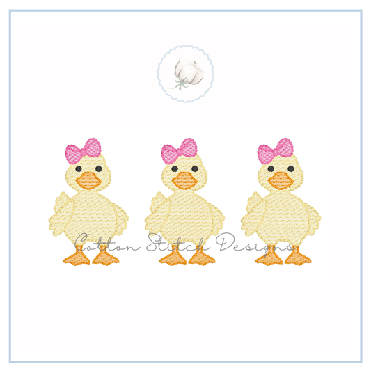 Cute Yellow Duck Bow Trio Sketch Embroidery Design