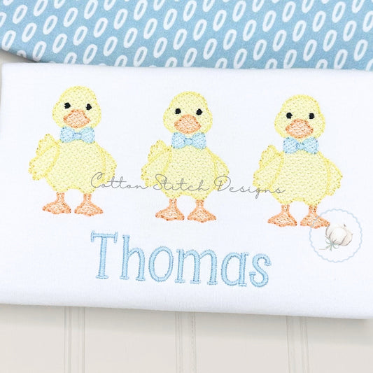 Cute Yellow Duck Bow Tie Trio Sketch Embroidery Design