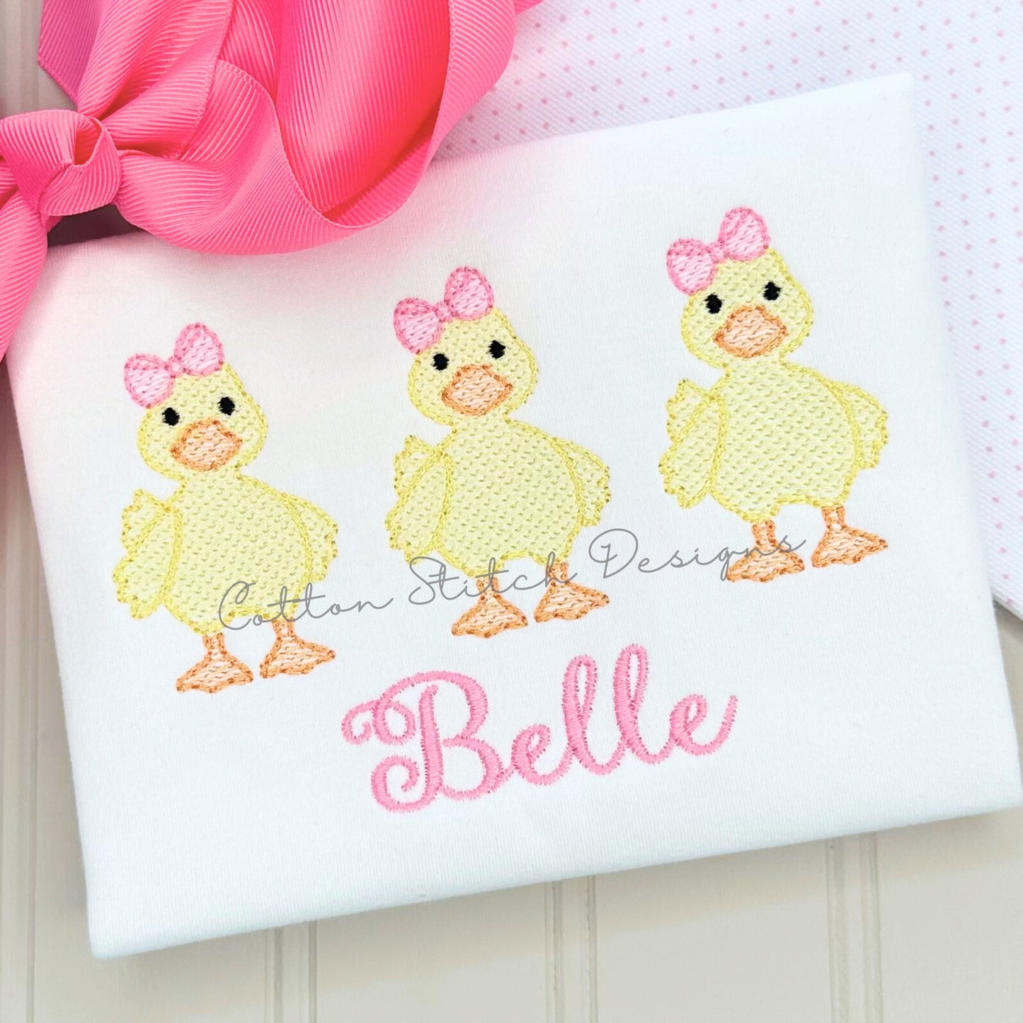 Cute Yellow Duck Bow Trio Sketch Embroidery Design