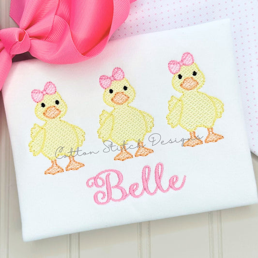 Cute Yellow Duck Bow Trio Sketch Embroidery Design