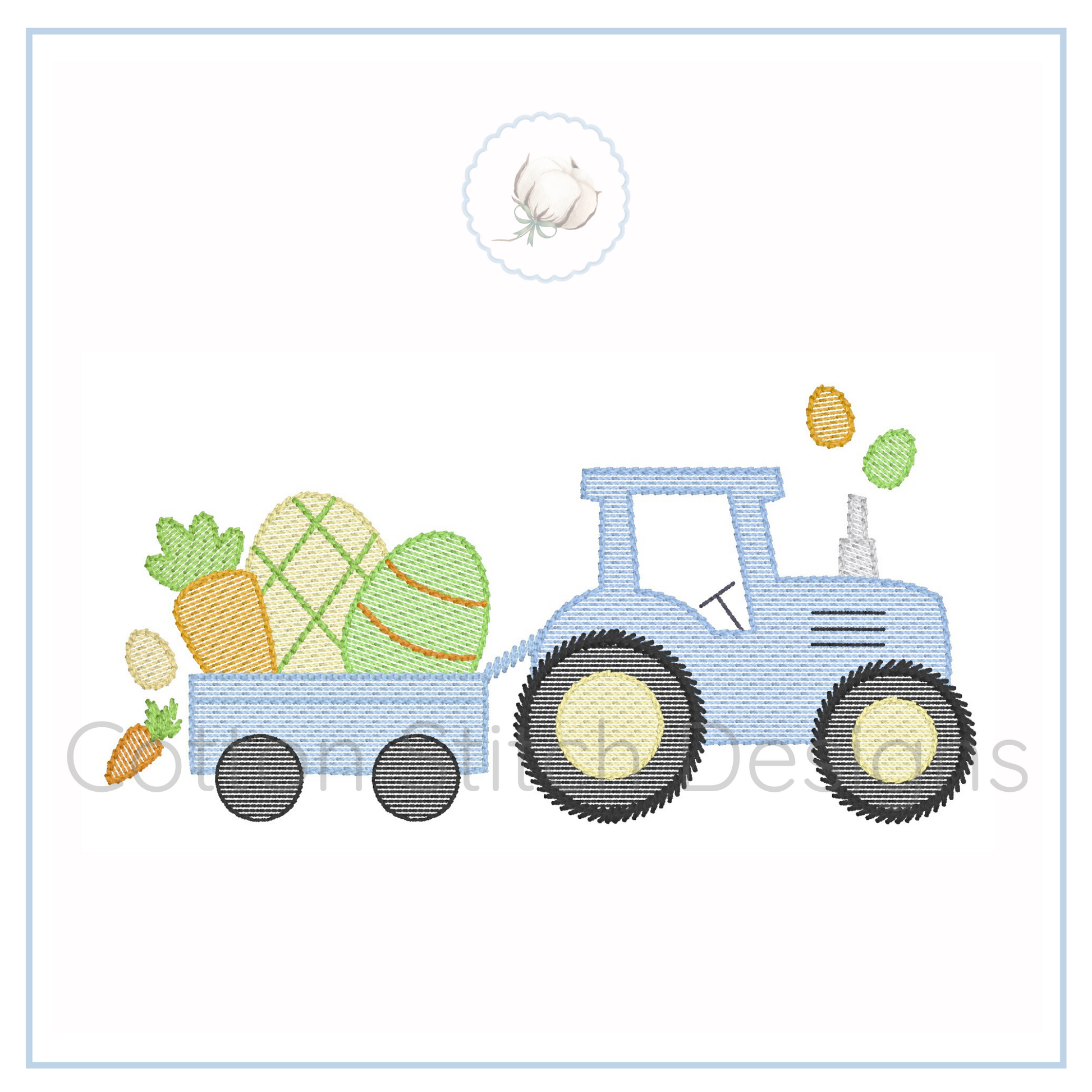 Machine Embroidery design Cotton Stitch Designs Embroidery design of a blue tractor with Easter eggs and carrots in the bed.