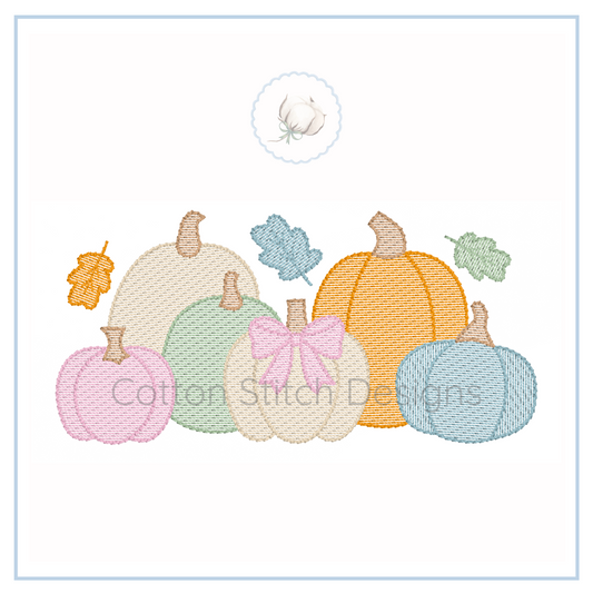 Machine Embroidery design Cotton Stitch Designs Pastel-colored pumpkins with bows on a white background, featuring the brand 'Cotton Stitch Designs'.