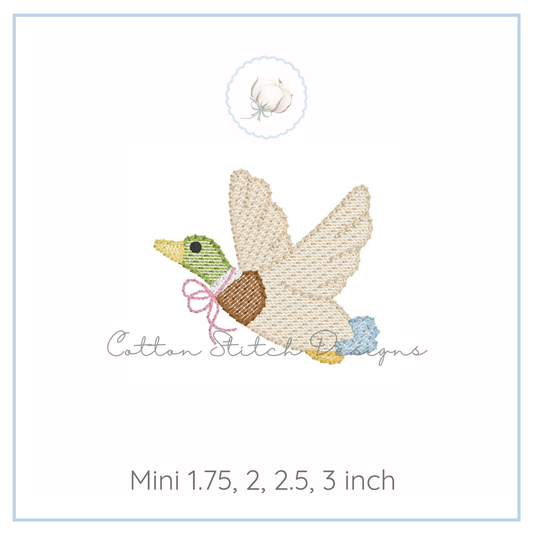 Mini Flying Mallard Duck with Bow Embroidery Design