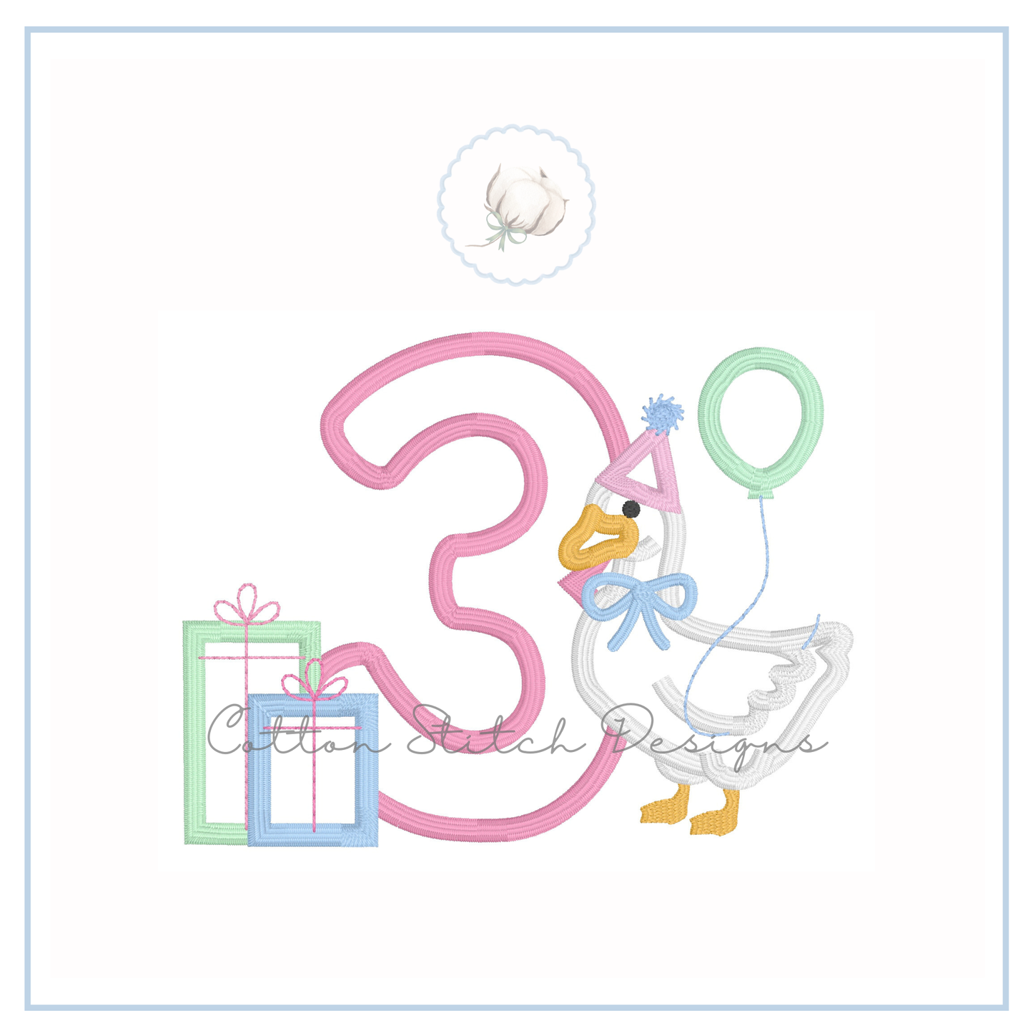 Party Goose Three Birthday Applique Machine Embroidery Design