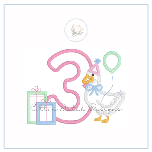 Party Goose Three Birthday Applique Machine Embroidery Design