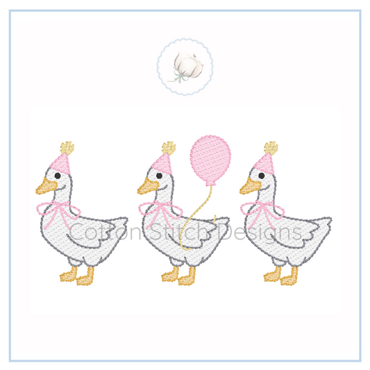 Machine Embroidery design Cotton Stitch Designs Three cartoon ducks wearing pink hats and bows, with one holding a pink balloon, on a white background.