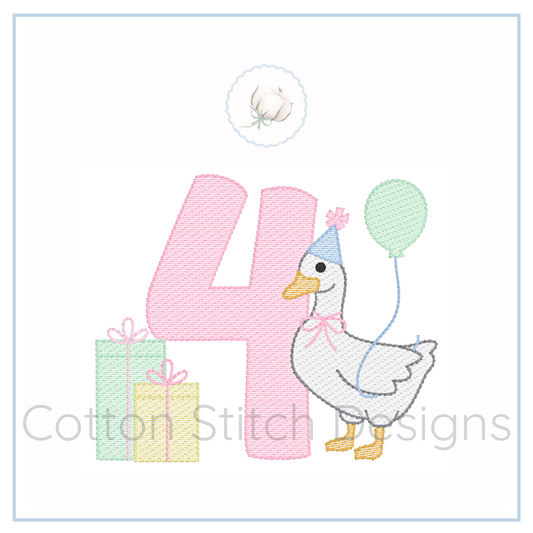 Machine Embroidery design Cotton Stitch Designs Embroidery design of a number '4' with a duck, balloon, and gift box on a white background.