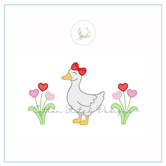 Goose with Heart Flowers Sketch Embroidery Design