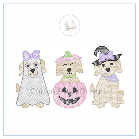 Machine Embroidery design Cotton Stitch Designs Three embroidered dogs in Halloween costumes on a white background with 'Cotton Star Designs' branding.
