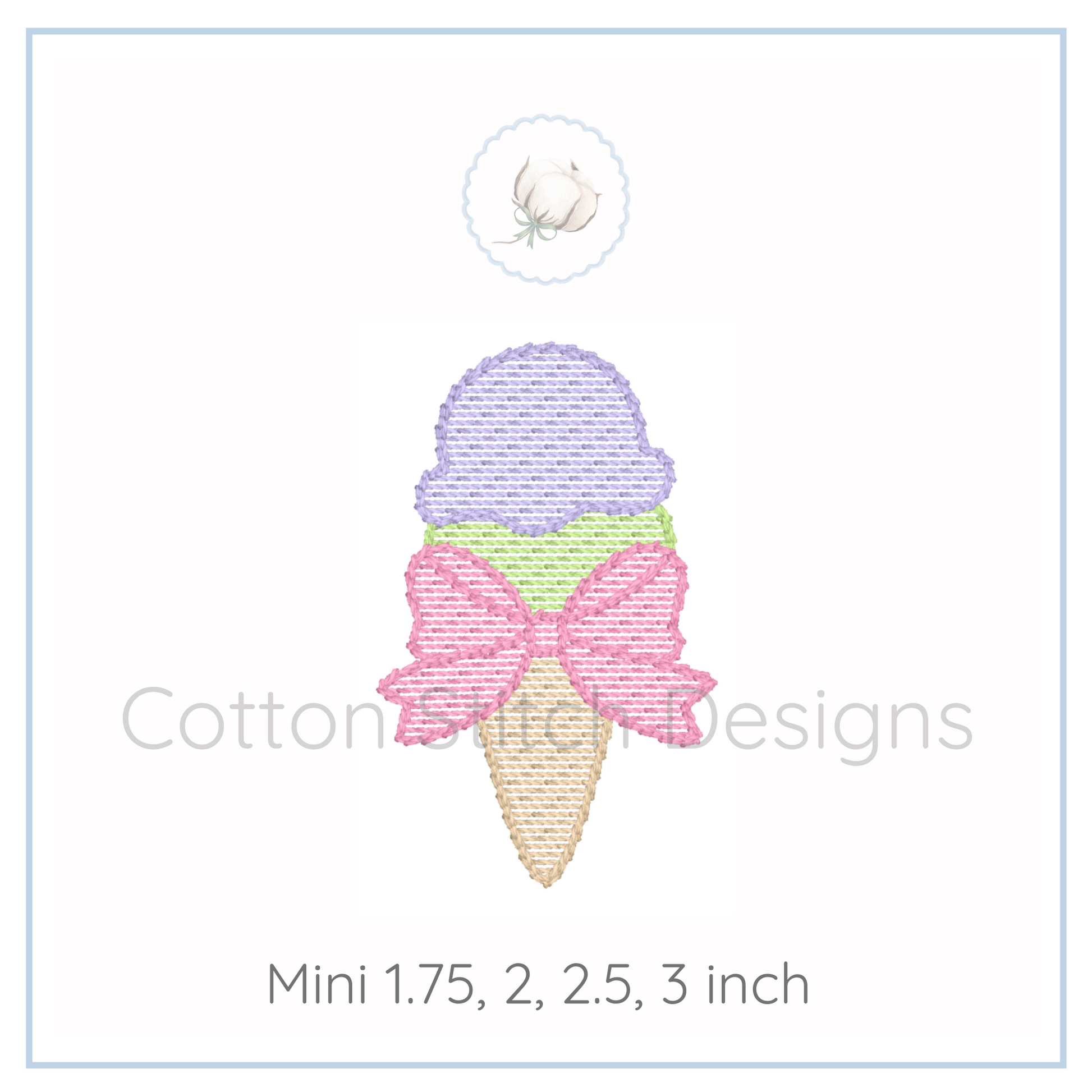 Machine Embroidery design Cotton Stitch Designs Ice cream cone with a bow design on a white background, featuring the brand 'Cotton Stitch Designs'.