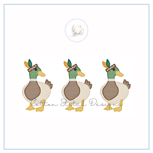 Thanksgiving Indian Mallard Duck Trio Embroidery Design