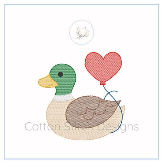 Machine Embroidery design Cotton Stitch Designs Embroidered design of a duck holding a red heart-shaped balloon on a white background.