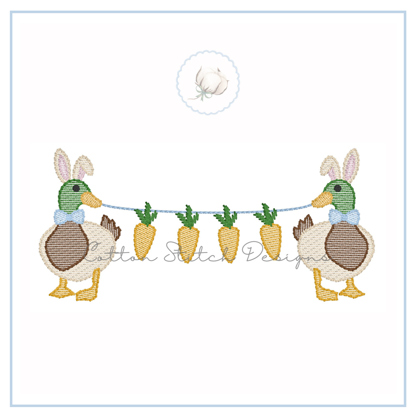 Easter Mallard Duck Bunny Ears with Carrots Embroidery Design