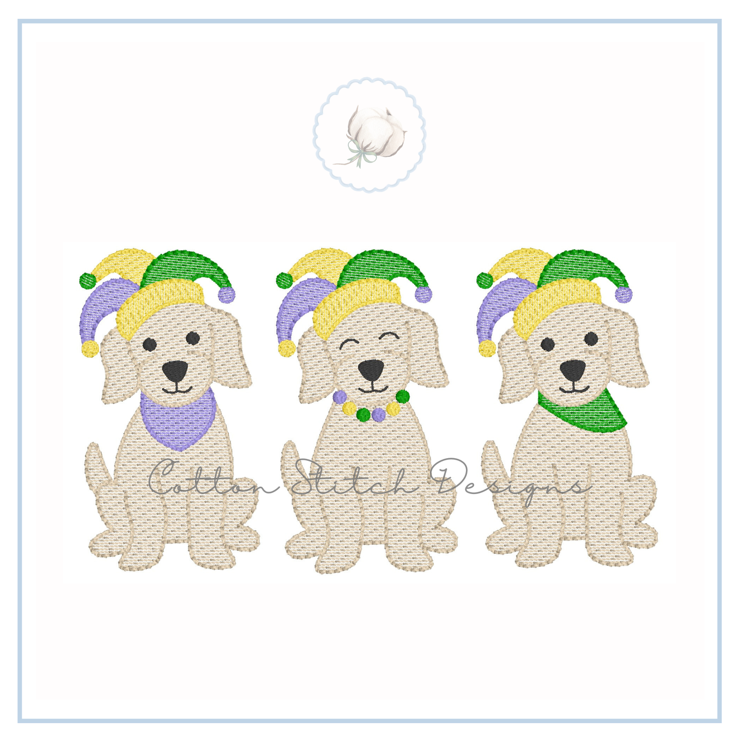 Mardi Gras Puppy Trio Embroidery Design