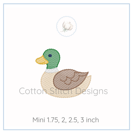 Machine Embroidery design Cotton Stitch Designs Embroidered duck design with size options on a white background