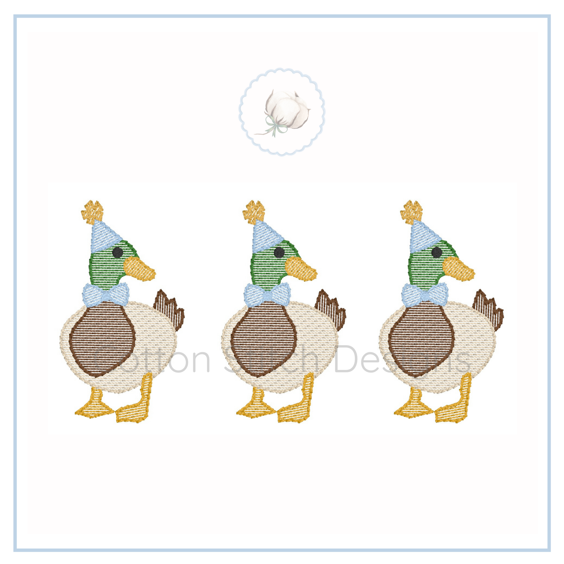 Machine Embroidery design Cotton Stitch Designs Three cartoon ducks wearing party hats and bow ties on a white background