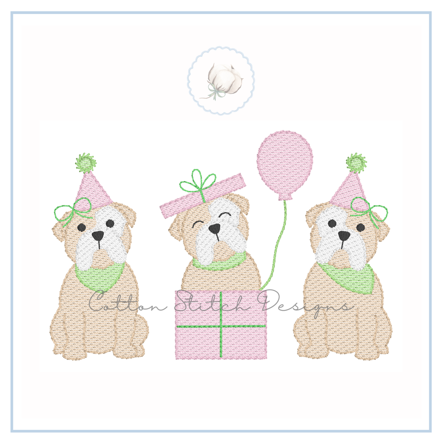 Party Bulldog Girl Trio Embroidery Design